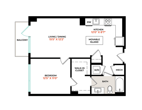 Floor plan for 1 bed, 1 bath, 716 sqft